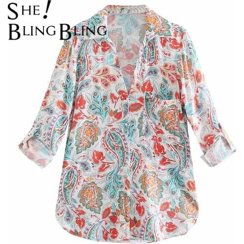 SheBlingBling Za Woman Summer Print V Neck Single Breasted Roll-Up Long Sleeve Slit Side Casual Loose Shirt Female Blouses Tops