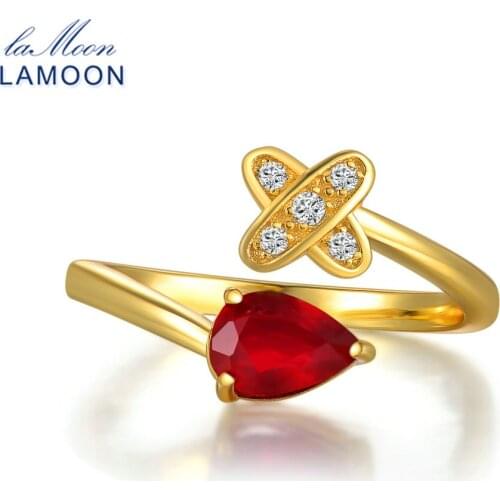 LAMOON 2017 New Romantic Cross Teardrop Real Natural Ruby Rings S925 Sterling Silver Jewellry for Women Party LMRI056