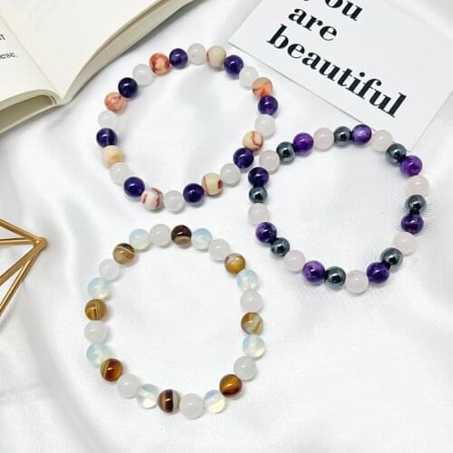 8mm Natural Stone Beaded Bracelets for Women Girls Multi Color Handmade Opal Tigereye Amethyst Hematite Bead Bracelet Wholesale