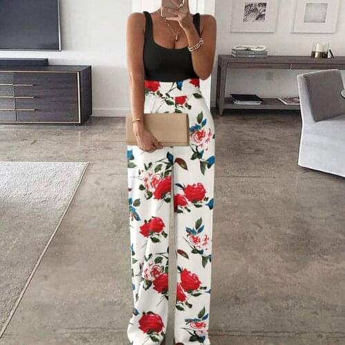 Vintage Floral Printed Office Lady Jumpsuits Women Sexy Printing Vest Top Splicing Wide Leg Pants Jumpsuit Rompers Combinaison