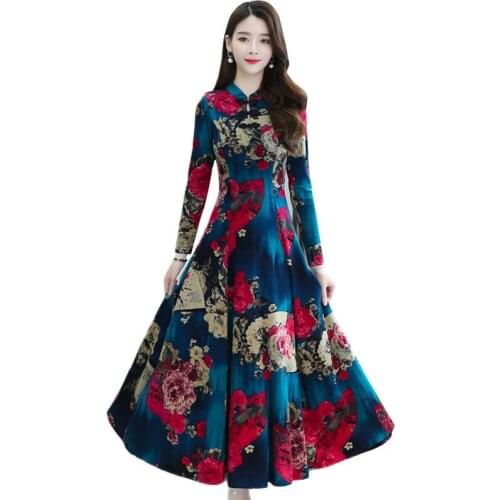 Vintage Floral Dress Ladies Plus Size 2021 Autumn Temperament Cheongsam Dresses Women Long Sleeve Party Casual Vestidos 4XL G874