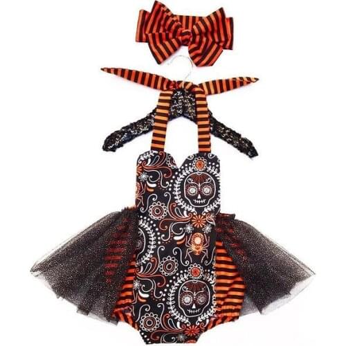 0-24 Months Baby Girls Cotton Casual Bandage Halter Romper Cute Halloween Print Bow Jumpsuits And Headband For Summer Soft