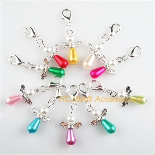 10 New Tiny 13.5x23mm Angel Charms Mixed Teardrop Acrylic Silver Plated Retro With Lobster Claw Clasps