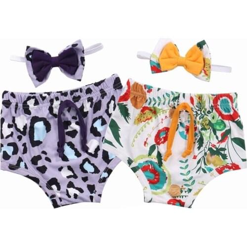 2020 Infant Baby Girl Summer Casual Stretchy Short Pant with Headband Diaper Covers 2pc Sets 0-24M