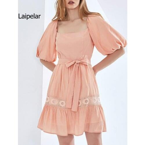 2021 Spring and Summer Fashion Puff 5-Sleeve Embroidery Lace Up High Waist Solid Color Dress Short Skirt