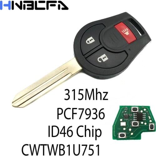 315Mhz ID46 Chip Transponder 2+1Buttons Remote Car key For NISSAN Qashqai Sunny Sylphy Tiida X-Trail CWTWB1U751