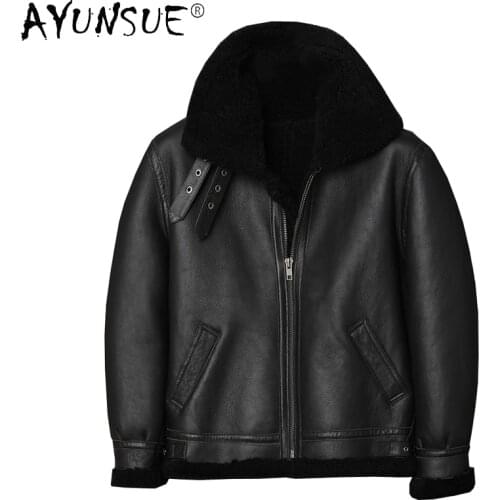 AYUNSUE Real Sheepskin Coat Genuine Leather Jacket Men Fur Coat Winter Shearling Jackets Wool Lining Leather Veste Homme WPY3582