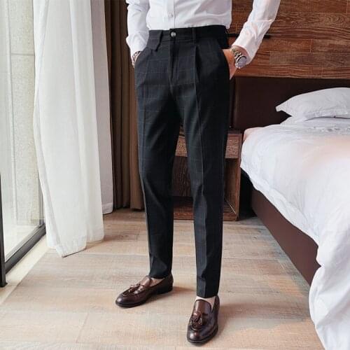British Style Business Formal Wear Slim Fit Plaid Men Dress Pants Casual All Match Fashion Straight Gentlemen Office Trousers 36