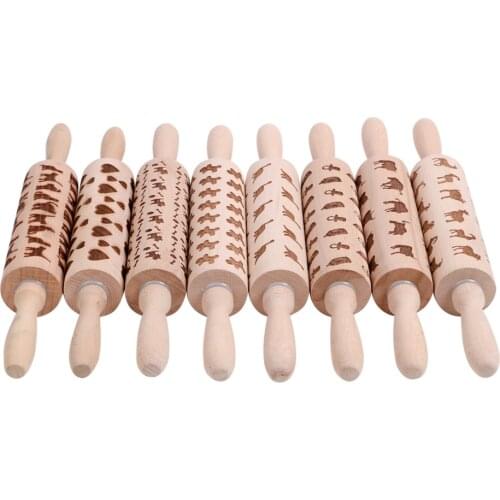 Dinosaur Cow Sheep Pig Bones Shape Pattern Embossing Tool Cookies Biscuit Fondant Cake Dough Roller Wooden Rolling Pin