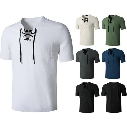 Mens Fashion T-shirt Cotton Linen T-shirt Hip Hop V-Neck Yoga Top