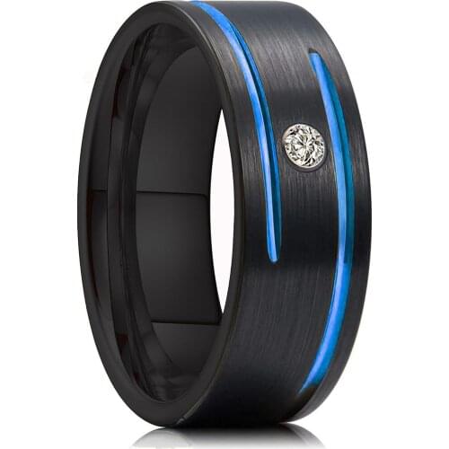 8mm Mens Black Tungsten Carbide Ring Thin Blue Grooved Line Zircon Ring Fashion Mens Wedding Band Jewelry Gift Size 6-13