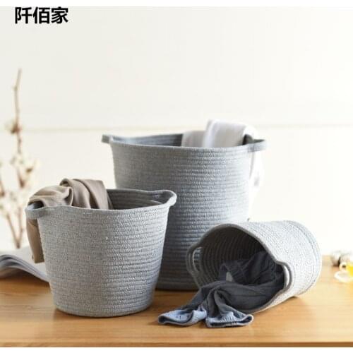 Round Cotton Line Handmade Woven Storage Baskets Laundry Basket For Dirty Clothes Toys Sundries Box Laundry Hamper Barrel