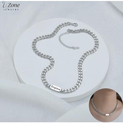 Custom Name Engrave Words Date Square Pendant Stainless Steel Cuban Chain Necklaces for Women Personalized Gifts Silver Jewelry