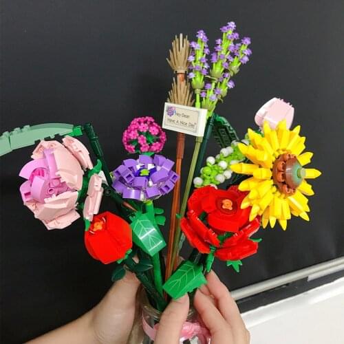LOZ IN STOCK Bouquet Flowers Creative Art Roses Sunflowers Model MOC Accessories Building Blocks Bricks Toys Gifts 10280 40460