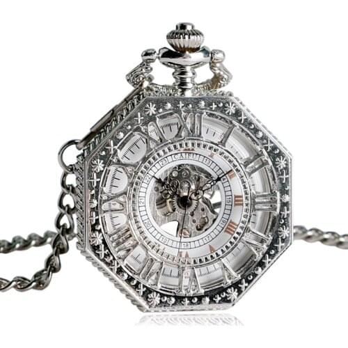 Hand Winding Mechanical Pocket Watch Chain Fashion Silver Octagon Shape Skeleton Carving Men Fob Watches Christmas Gift