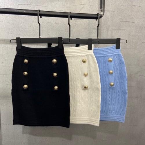 Fashion 2021 Autumn New Women Golden Button Knitted Slim A-Line Skirt For Female 3 Color Rmsx 6.27