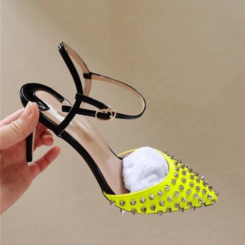 Fashion rivets summer slingback 8cm 10cm 12cm high heels pointed toe stiletto plus size buckle strap woman shoes LX014 ROVICIYA