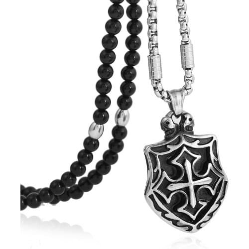 Mens 316L Stainless Steel Cross Knights Templar Shield Pendant Necklace with Black Natural Stone Chain 26"