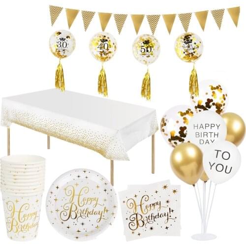 Golden happy birthday Adult & kids birth day decoration Dinner party Paper plate cup tablecloth disposable tableware Banner set