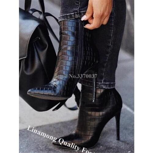 Linamong New Fashion Black Pattern Leather Stiletto Heel Short Boots Pointed Toe High Heel Ankle Booties Formal Dress Shoes