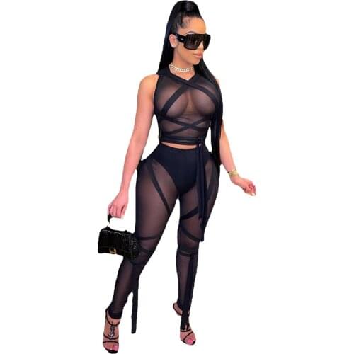 Sexy Women Two Piece Set Sheer Mesh Clubwear Sleeveless Party Night Shirt + Long Pants Summer Clothes For Women
