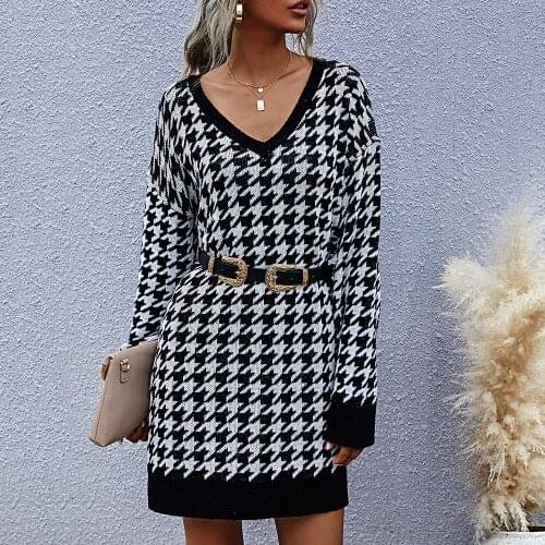 Houndstooth Woman Dress 2021 Spring Casual Slim Knitted Sweater Dresses Vintage Sexy V-Neck Geometric Office Party Dress