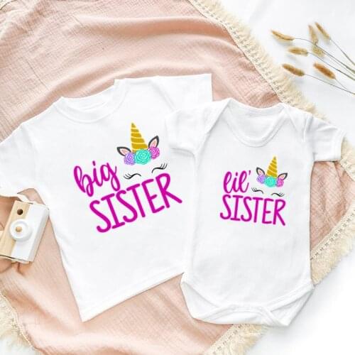 Big Sister Little Sister Family Matching Outfits Clothes Cartoon Unicorn Print Kids T-shirts Girls T shirt Toddler Baby Rompers