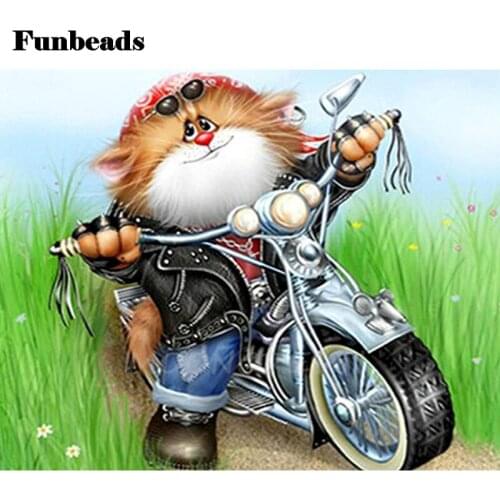 Cartoon Cat Riding A Motorcycle 5D DIY Diamond Painting Full Square Round Rhinestone Embroidery Cross Stitch Mosaic Gift FF3784