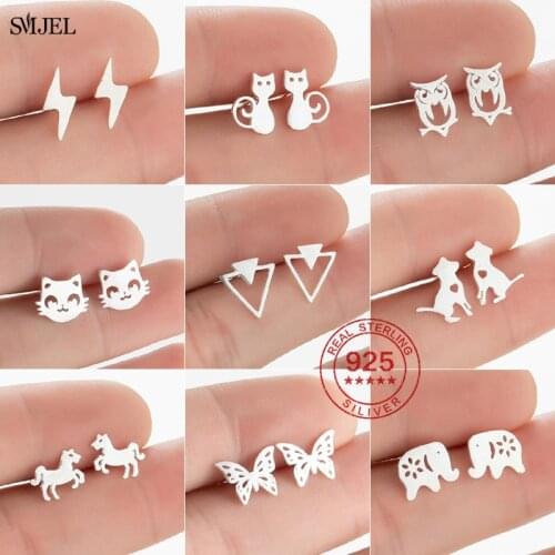Silver 925 Jewelry Earings Women Cute Animal Unicorn Cat Kitty Dog Paw Stud Earrings Lightning Bolt Ear Girls Gift aros mujer