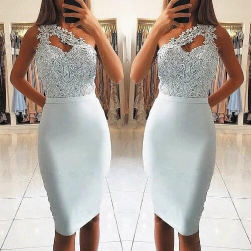 SuperKimJo One Shoulder Blue Evening Dresses Short Vestidos Elegantes Lace Applique Beaded Cheap Evening Gown 2020