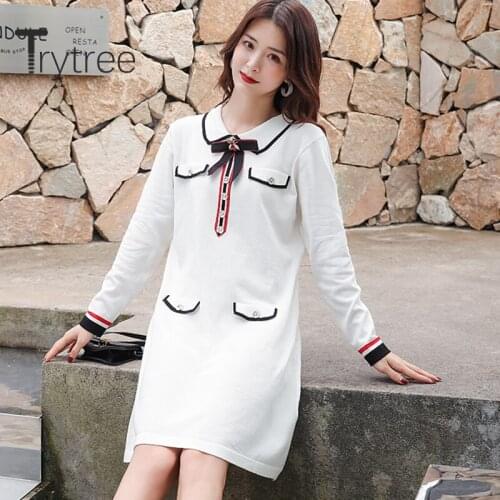 Trytree 2020 Spring Winter Woman Casual Dress Turn-down Collar Bow Fashion A-line Temperament Elegant Knitting Office Lady Dress
