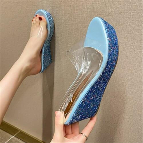 Womens Wedges Sequined Slippers 2021 Summer New Sexy Transparent Vamp Platform 8/12CM High Heels Shoes Female Sandals Blue Gold