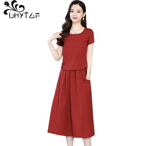 UHYTGF Korean plus size skirt sets womens fashion cotton linen comfortable summer dress two piece set casual Female clothes 940