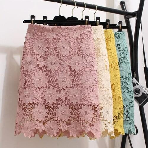 Fashion Korean style Sweet Crochet Hollow Out Embroidery Lace Skirt Summer Pink High Waist Skirt Bodycon Short Mini Skirts Women