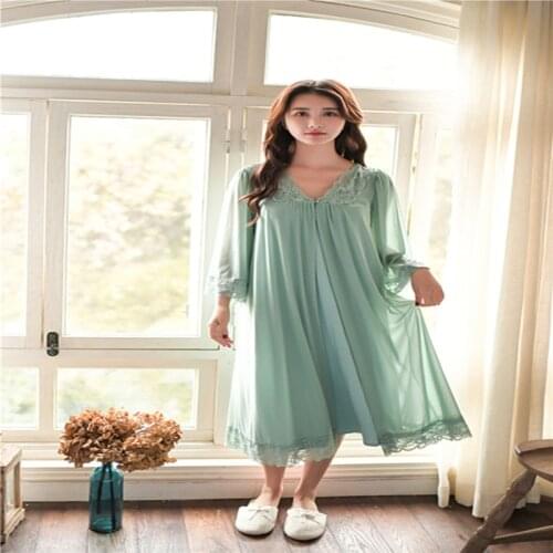 Woman Cotton 2 Piece Pyjamas Dress Lace Nightgown Summer Women Long Sleeve Nightwear Long Sweet Princess Sleepwear
