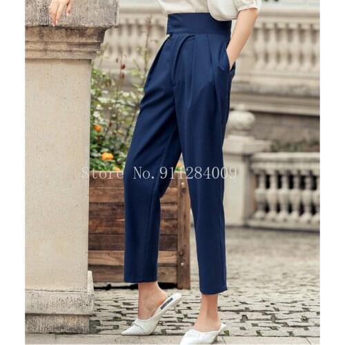 2021 New Summer Plaid Trousers Women Elegant Casual Loose High Waist Blue Office Lady Pants Vintage Pleated Korean Harem Pants