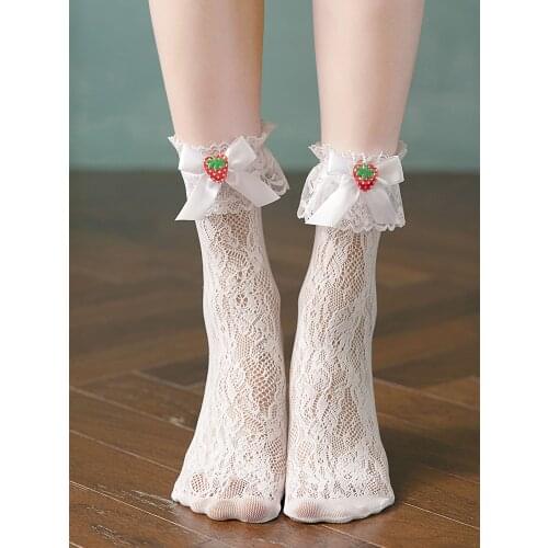 Strawberry Lace Lolita Socks Women Japanese Cosplay Princess Hollow Black White Ruffle Sexy Fishnet Short Ankle Socks for Girls