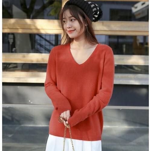 Women Sweater 2020 Autumn and Winter New Solid Color V-neck Womens Long-sleeved Pure Cashmere Knitted Woolen Sweater