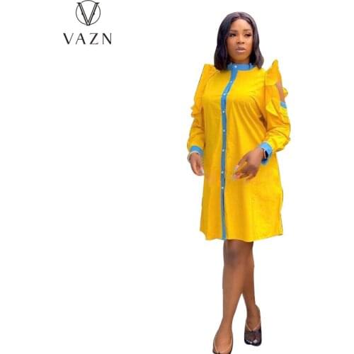 VAZN 2021 Autumn Shirt Dress Yellow Sweet Office Lady Full Sleeve Off Shoulder Young Fashion Women For Evening Robe