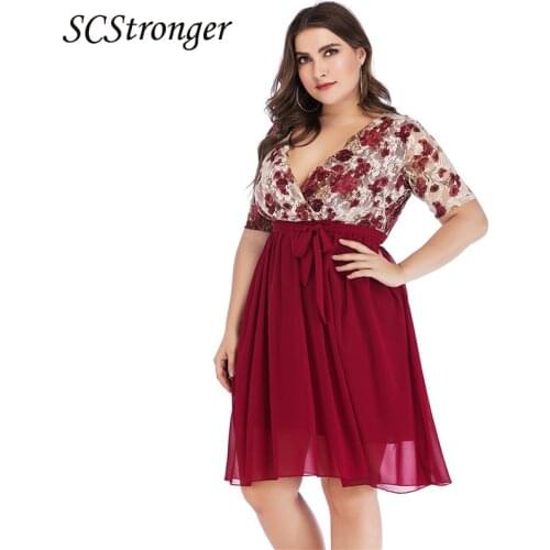 SCSTRONGER Summer Fashion Plus Size Womens V Neck Dress With Printed Lace Stitching Pleated Womens Blusas Mujer De Moda 2021