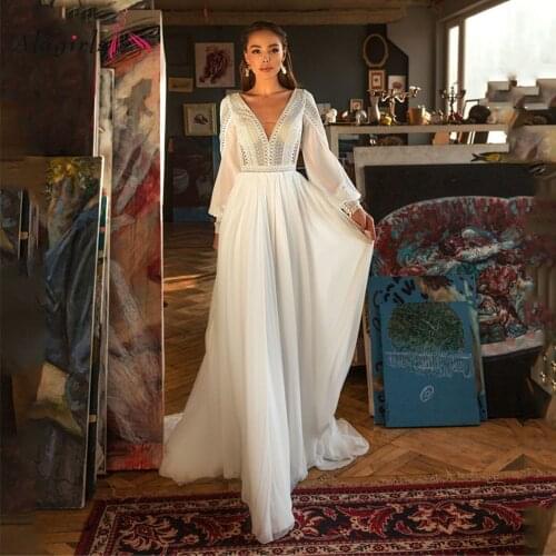 Bohemian Wedding Dresses Puff Sleeve Lace V Neck Bridal Gown Backless Vestido De Novia Wedding Party Gown Custom Made платье