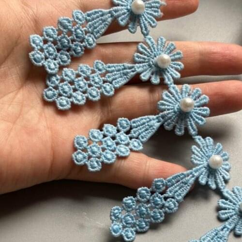 20x Blue Daisy Pearl Flowers Lace Tassel Embroidered Lace Trim Ribbon Applique DIY Manual Sewing Supplies Craft Decoration New