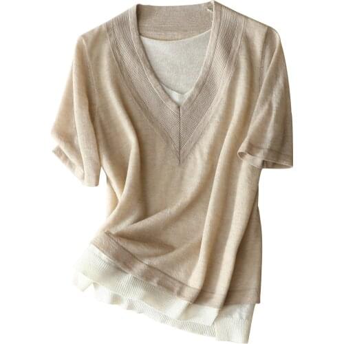 2020 Early Autumn Fake Two-Piece Thin 100% Cashmere V-neck Casual Sweater Short-Sleeved Womens Tops Patchwork Office Lady