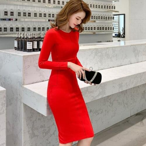 2021 Spring Sexy Party Bodycon Pencil Office Dresses Women Red Long Sleeve O Neck Wrap Elegant Dresses Vintage Bandage Dress