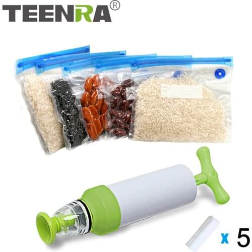 TEENRA 5Pcs Food Fresh Bag Vacuum Sealer Pump Food Storage Bag Reusable Sealing Machine Vacuum Pump Kitchen Organizer