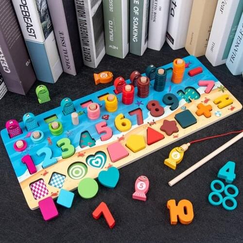 Four In One Wooden Montessori Puzzle Magnetic Fishing Digital Shape Match Toys Fishing Game Early Education Toys Kids Gift