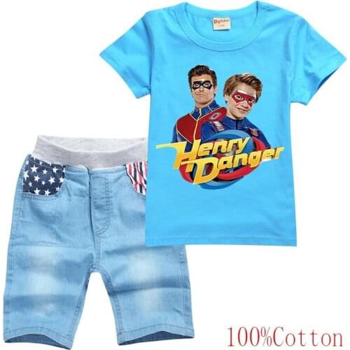 Boys Henrye Danger T-Shirt + Denim shorts suit Unisex Cotton Vintage Black T Shirt + Pants Casual Boys Hip Hop Streetwear Tees