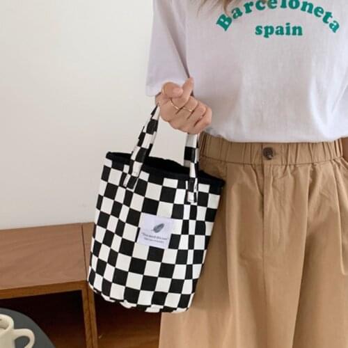 Checkerboard Canvas Women Small Bucket Bag Fashion Black White Students Girls Clutch Purse Handbags Female Storage Shoulder Bags
