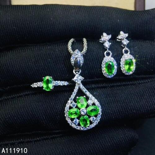 KJJEAXCMY fine jewelry 925 sterling silver inlaid Natural Tsavorite Necklace Ring Earring Suit Support Test luxurious