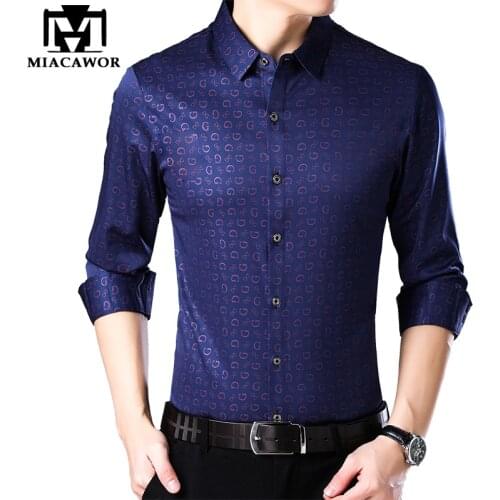MIACAWOR New Mens Shirts Letter Print Casual Shirt Long Sleeve Camisa Masculina Slim Fit Social Shirts Men Clothing C492